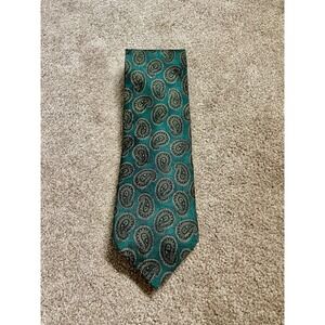Vtg Ermenegildo Zegna Silk Tie Green Black Gold Paisley 3.5" 56" Retro Preppy